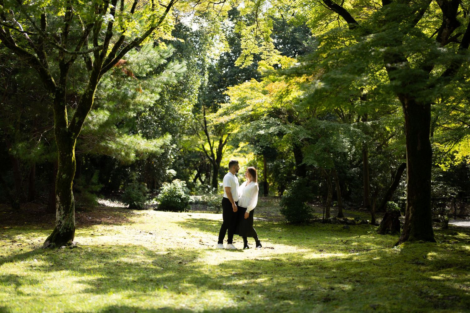 Smiling couple in casual clothes holding hands and walking together through a sunny park surrounded by colorful autumn trees.