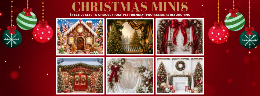 Christmas Minis promotional banner with six festive photo sets, including a gingerbread house, red drapes and decorated trees.