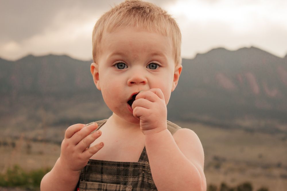 Adorable blonde toddler boy eating a snack outdoors with mountains in the background | Westminster Family Photographer