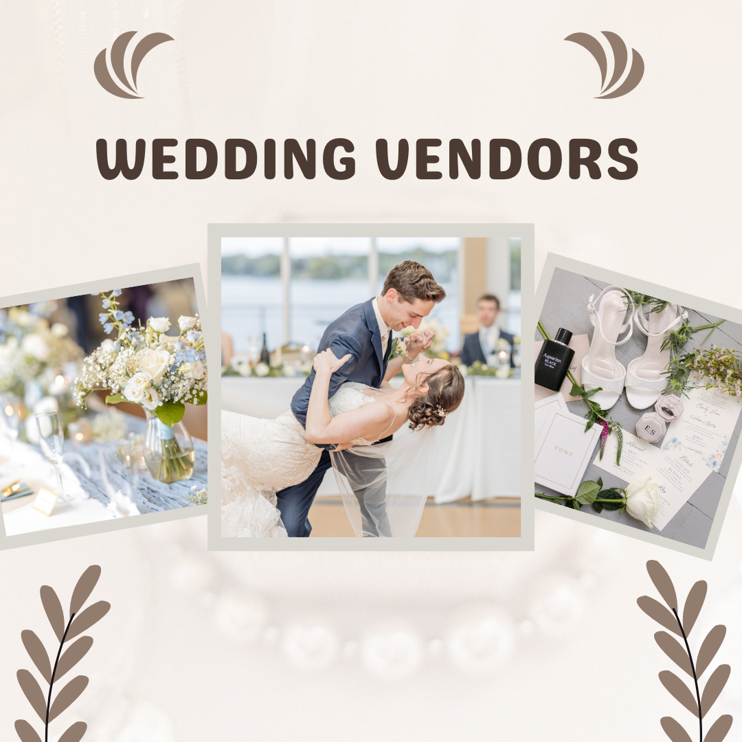 A row of romantic wedding photos showing couples and floral arrangements displayed as a website header banner.