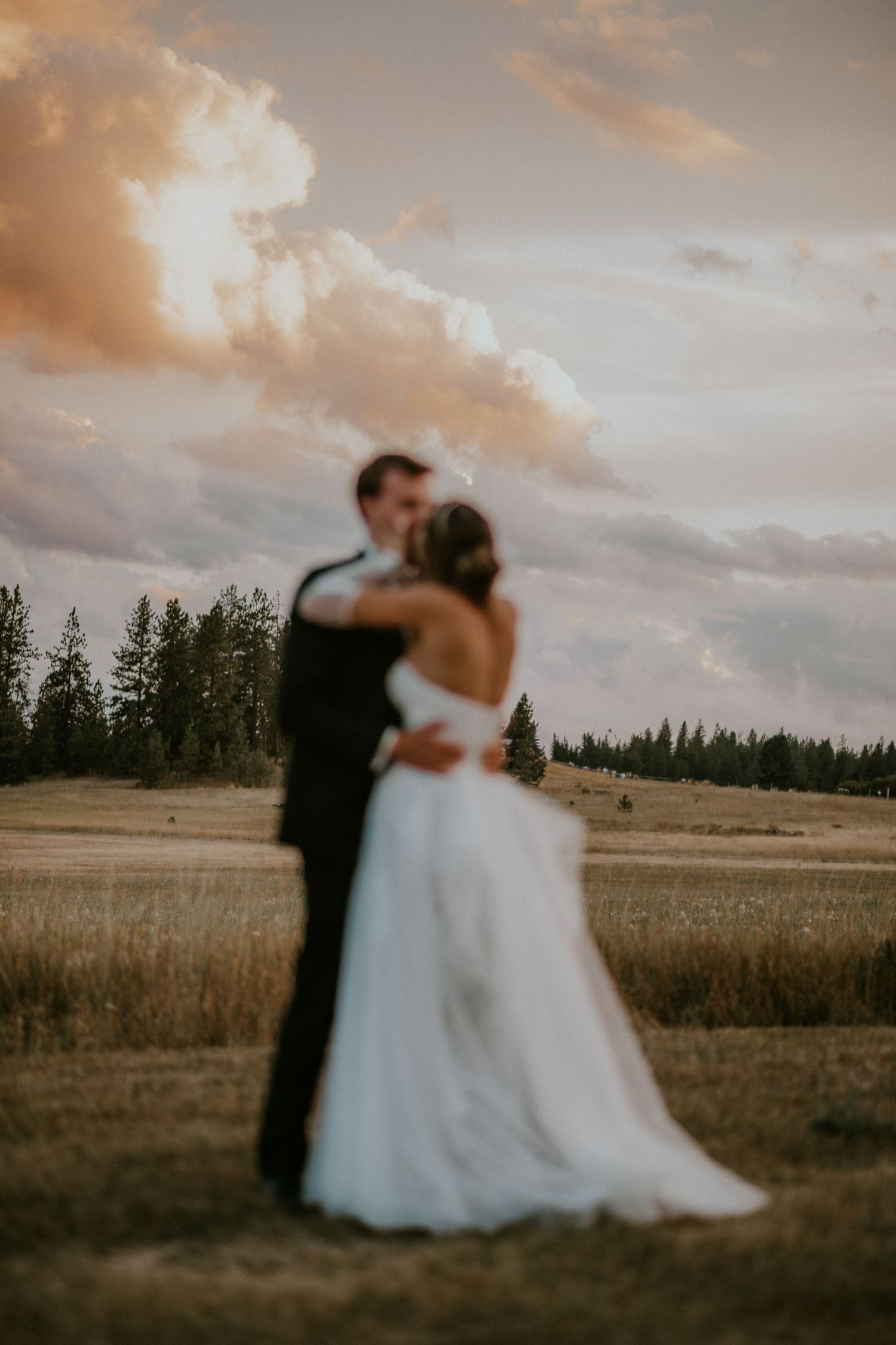 Progression of a romantic couple in a sunset meadow becoming increasingly blurry as they embrace in a wedding dress and suit.