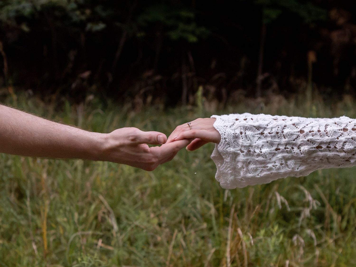 Two hands gently touching fingertips in a green meadow, one wearing a white lace sleeve, evoking romance and connection.