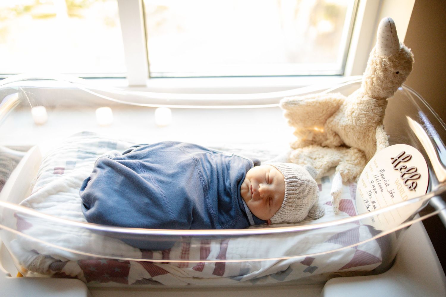 Newborn baby swaddled in blue blanket sleeping in hospital bassinet beside a stuffed animal toy.