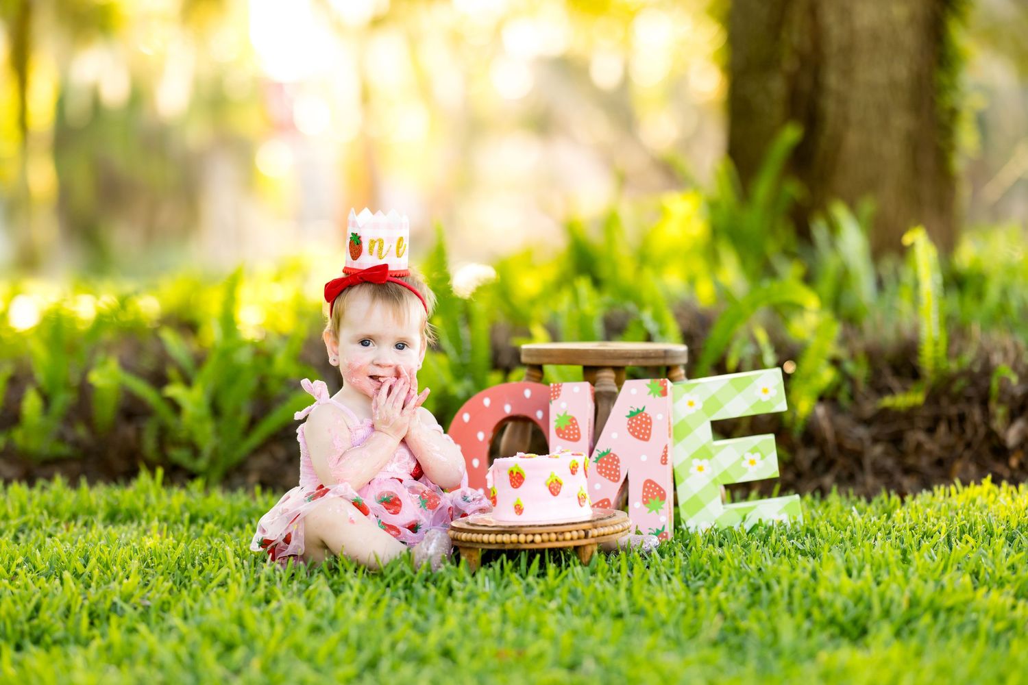 Baby girl in pink dress with crown sits on grass beside ONE letters and cake for first birthday outdoor photo.