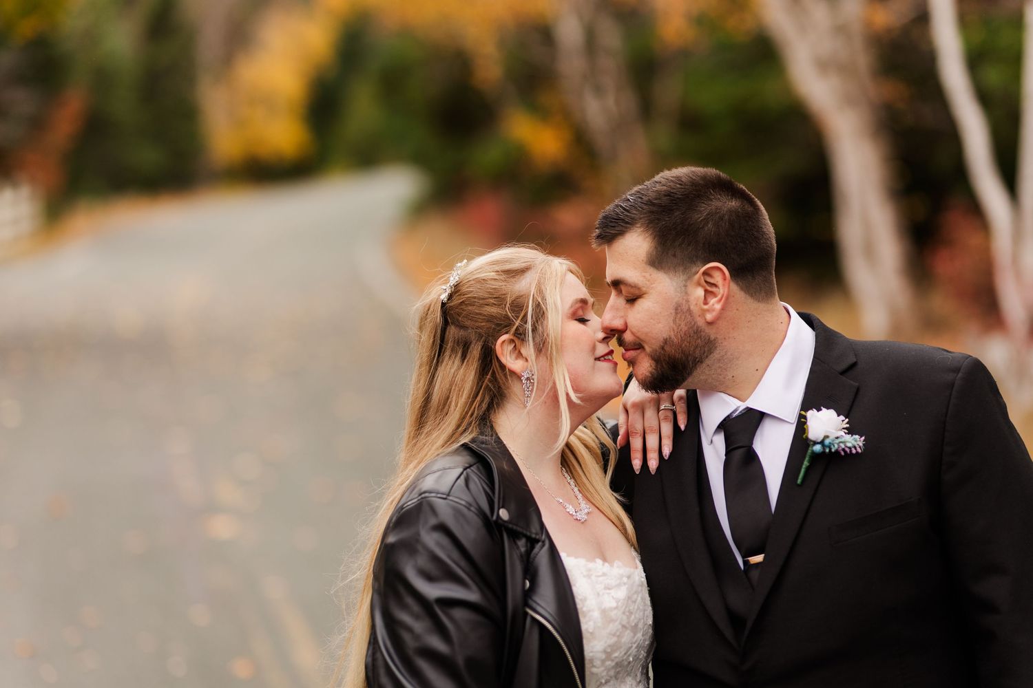 A wedding couple shares romantic kisses in different outdoor settings during their special day.