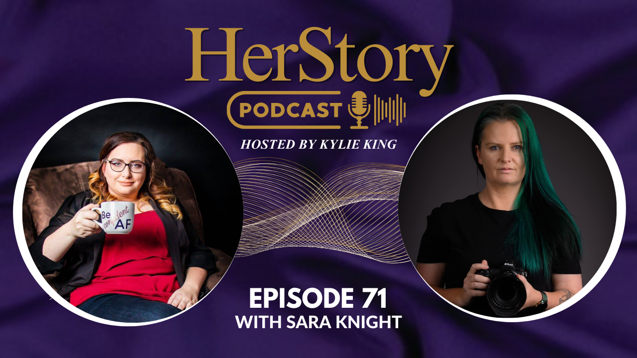 Podcast episode thumbnail for HerStory podcast showing two circular profile images against a purple background.