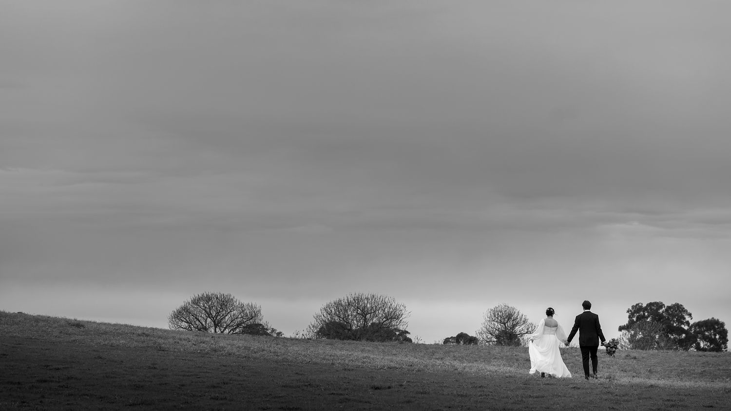 A black and white landscape image of a Bride and Groom walking away holding hands in a grass paddock at Quondong in Wahgunyah.
