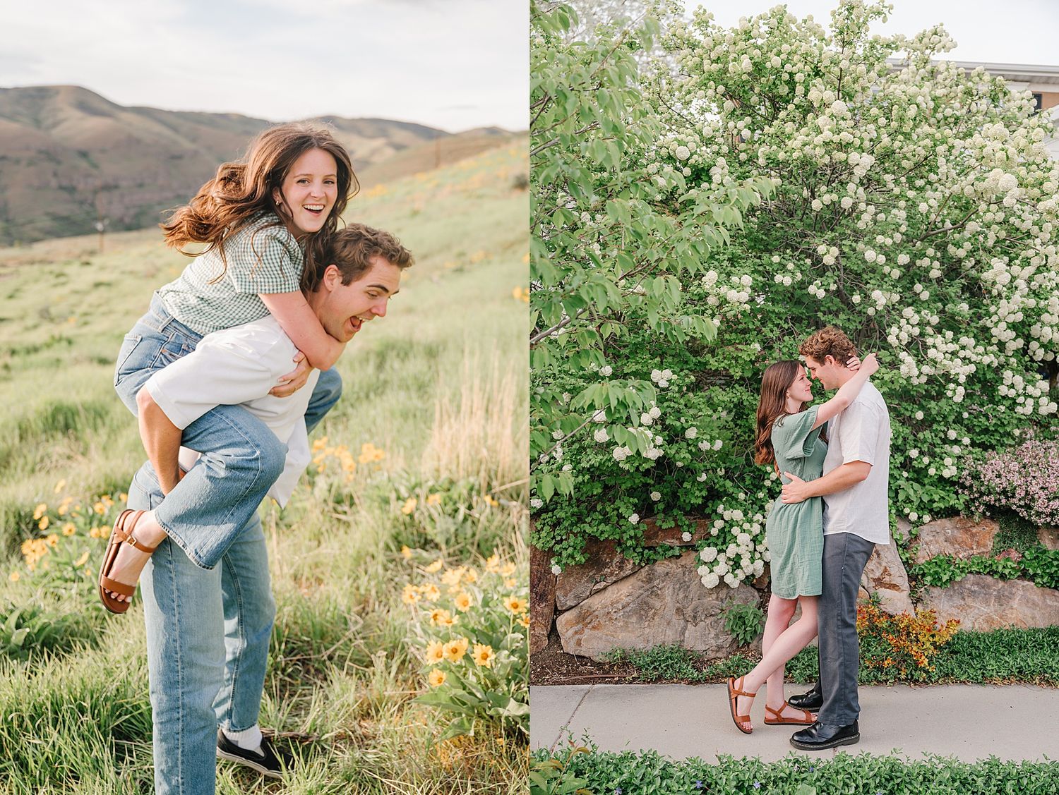 White flowering bushes line a path where a person dances in denim jeans and pink top during a spring outdoor photoshoot.