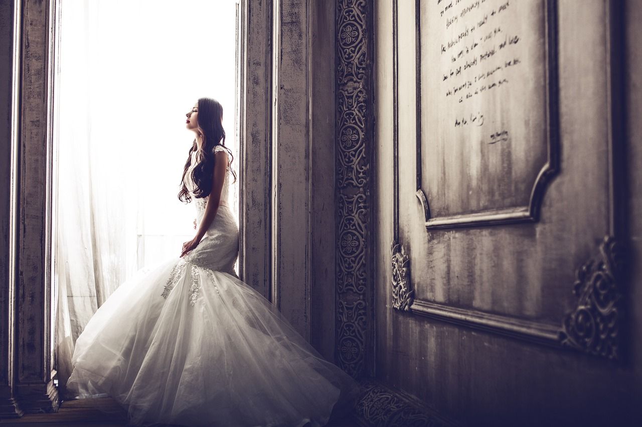 A silhouetted figure in an elegant white wedding gown stands by a window in a vintage-style room with ornate details.
