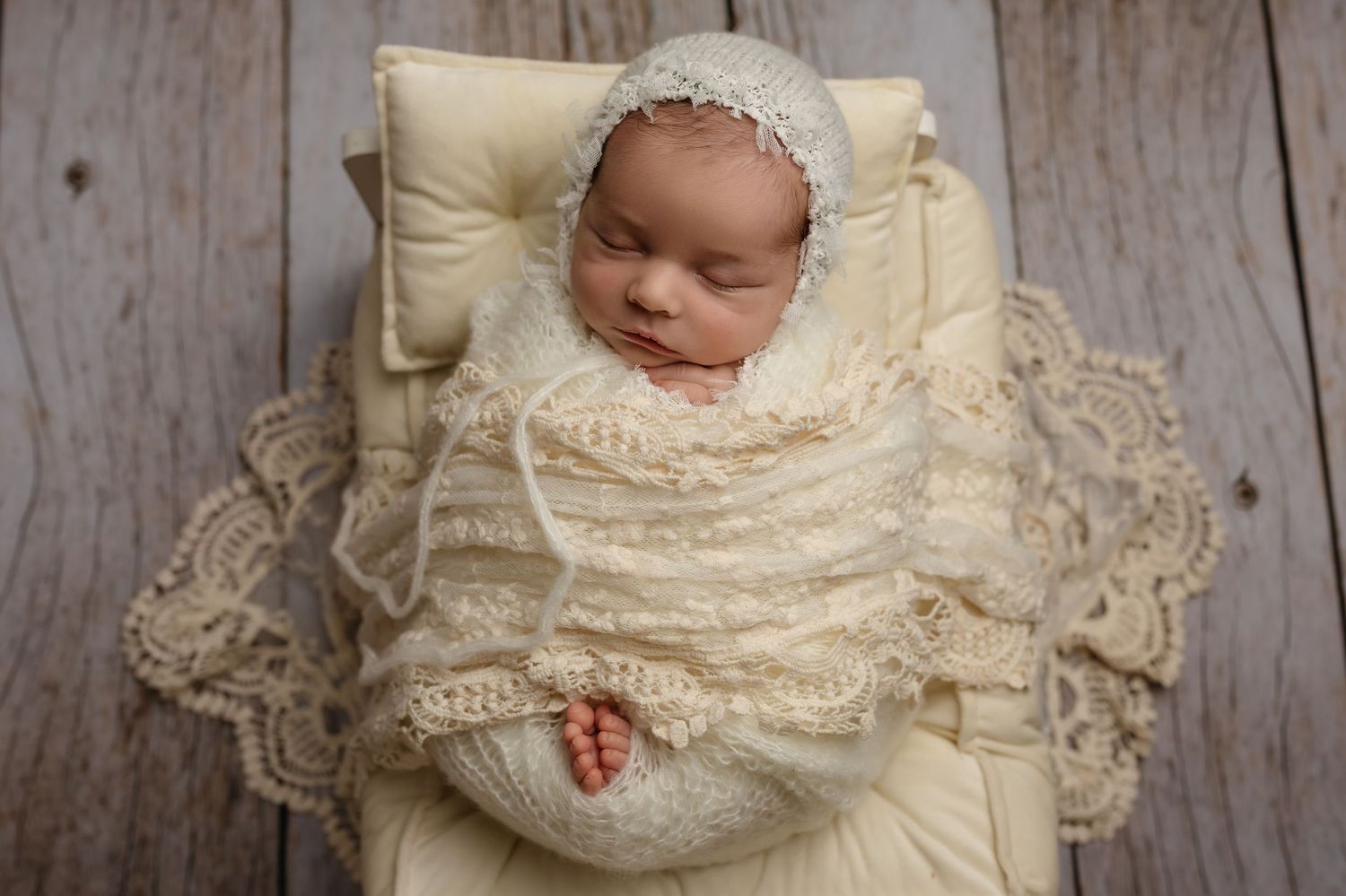 Harrisonburg photographer, newborn, family, baby, maternity, baby girl on white bed with vintage lace wrap