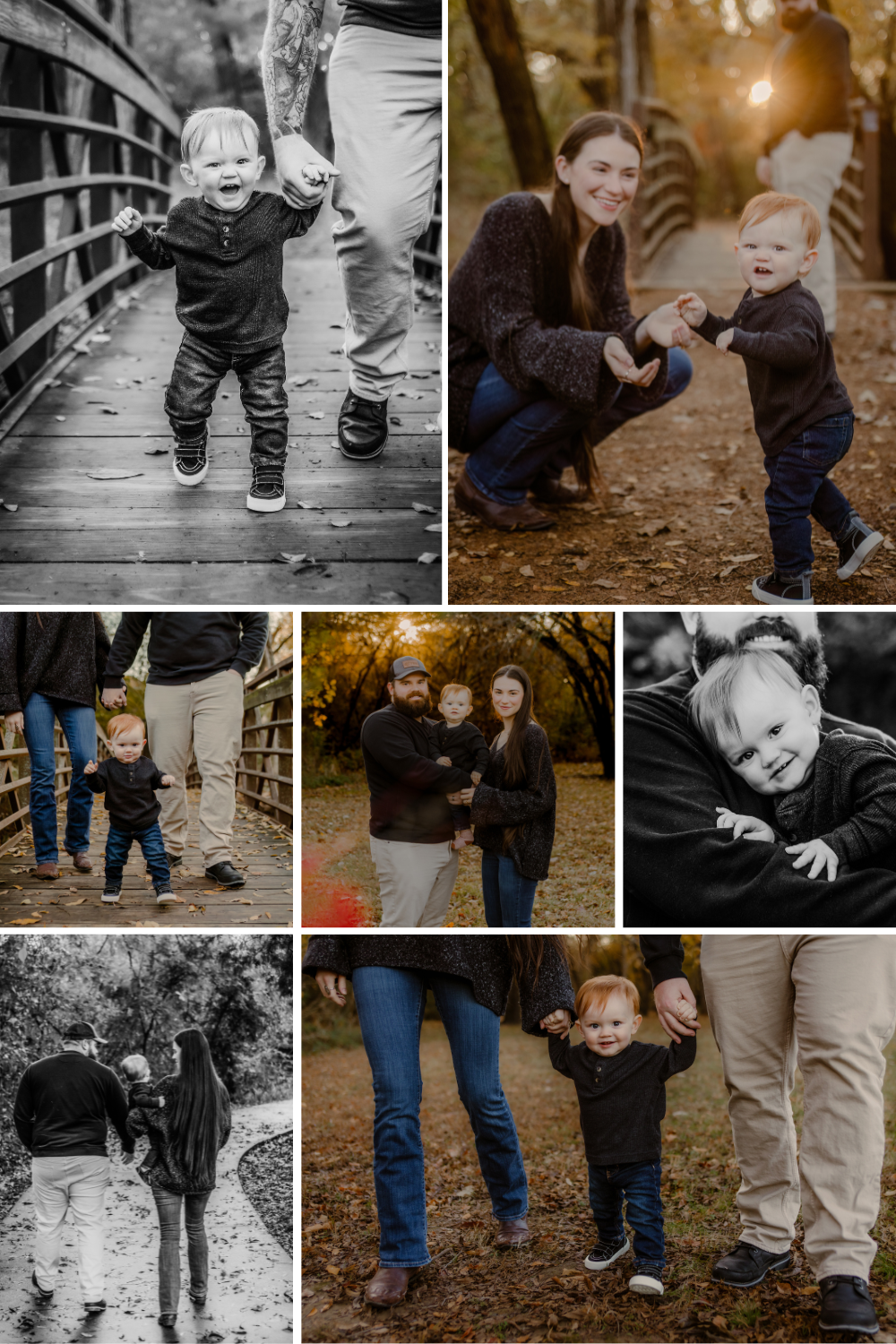 A collection of candid outdoor family photos showing joyful moments together on bridges and forest paths in autumn.