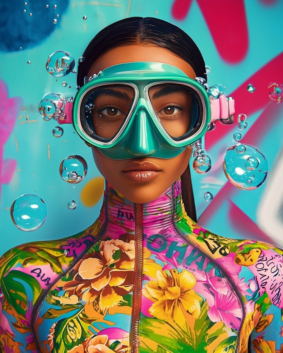 Vibrant underwater-themed photo with diving mask and colorful floral print fashion against turquoise background.