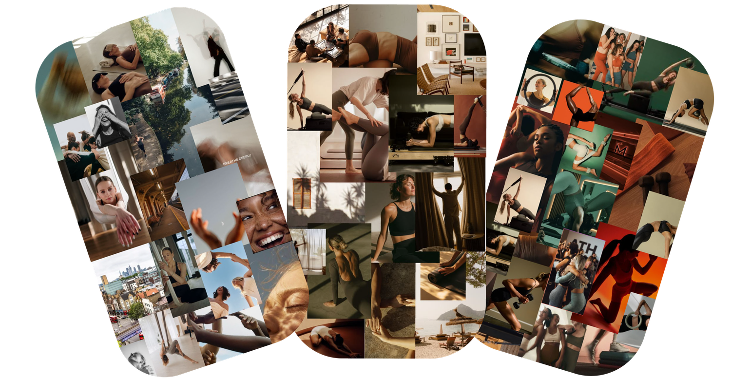 A collage of three rounded panels featuring diverse lifestyle and fitness photography in warm, earthy tones.