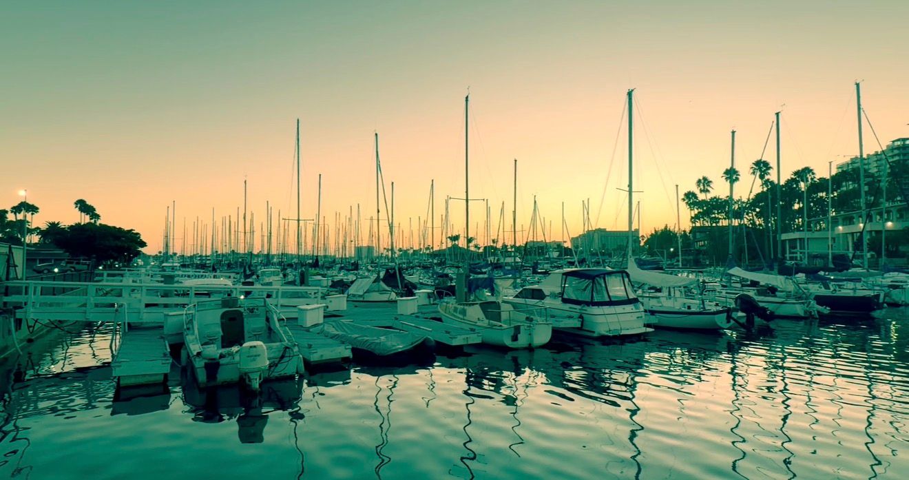 Sailboats and yachts docked at a marina during golden sunset, with calm reflective waters and palm trees in background.