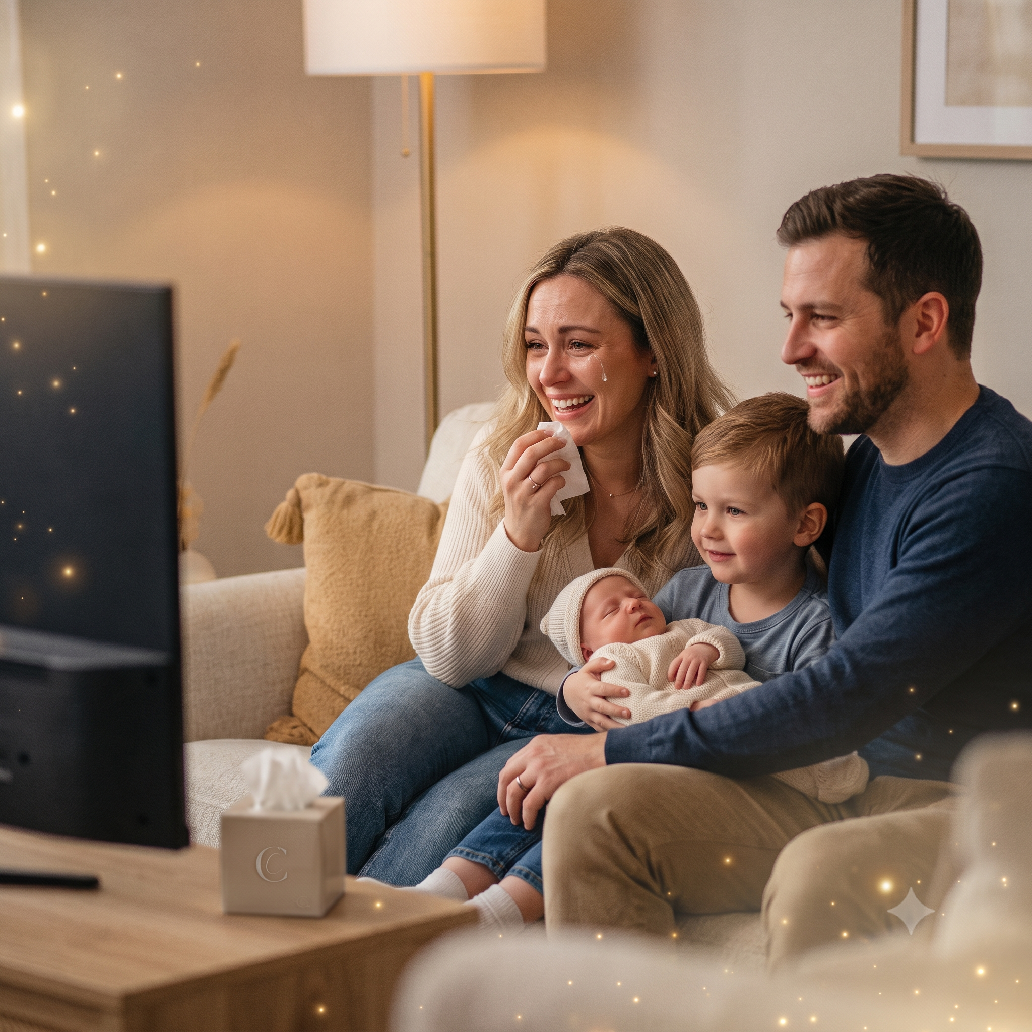 Happy family with two children watching TV together on a cozy sofa in a warm, glowing living room.