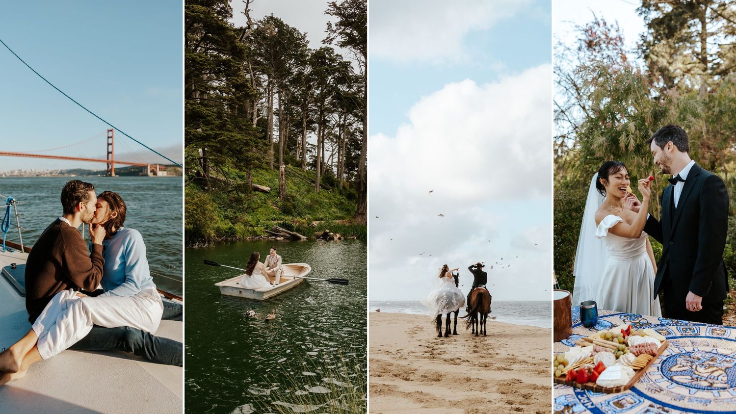 collage of couples doing fun activities on their elopement day. Couple kissing on a sailboat in SF bay, on a row boat, riding horses, picnic