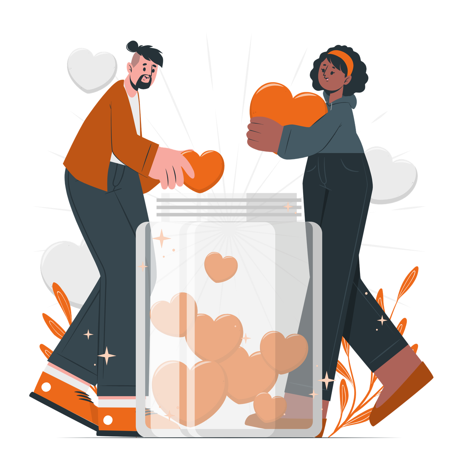 Two people placing heart shapes into a large jar, symbolizing love, charity, and togetherness in a colorful illustration.