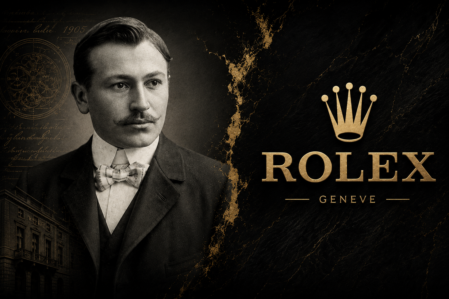 Vintage Rolex Geneve advertisement featuring a classic black-and-white portrait of a mustachioed man in formal attire.