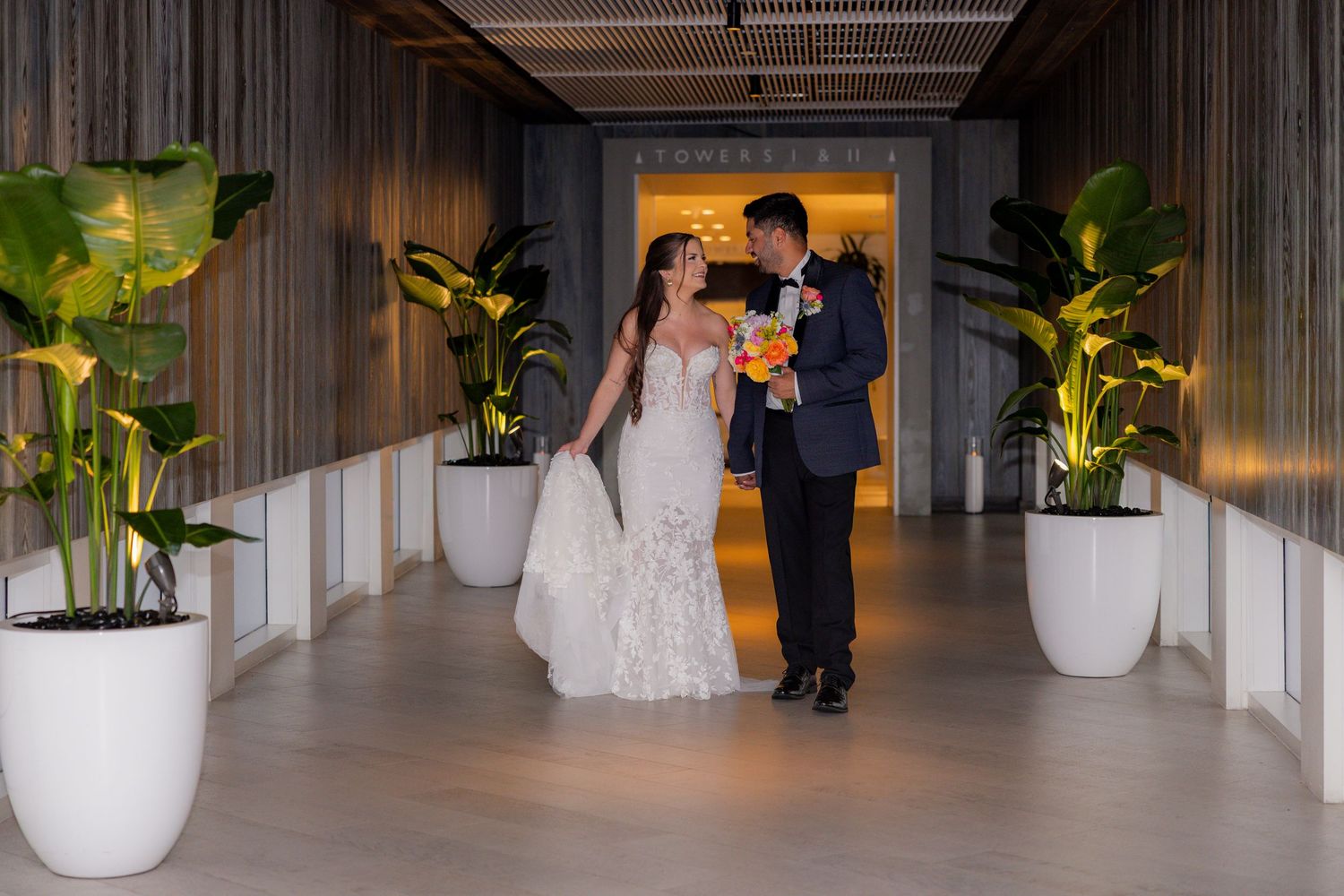 Bride and groom in lobby at The W hotel Fort Lauderdale