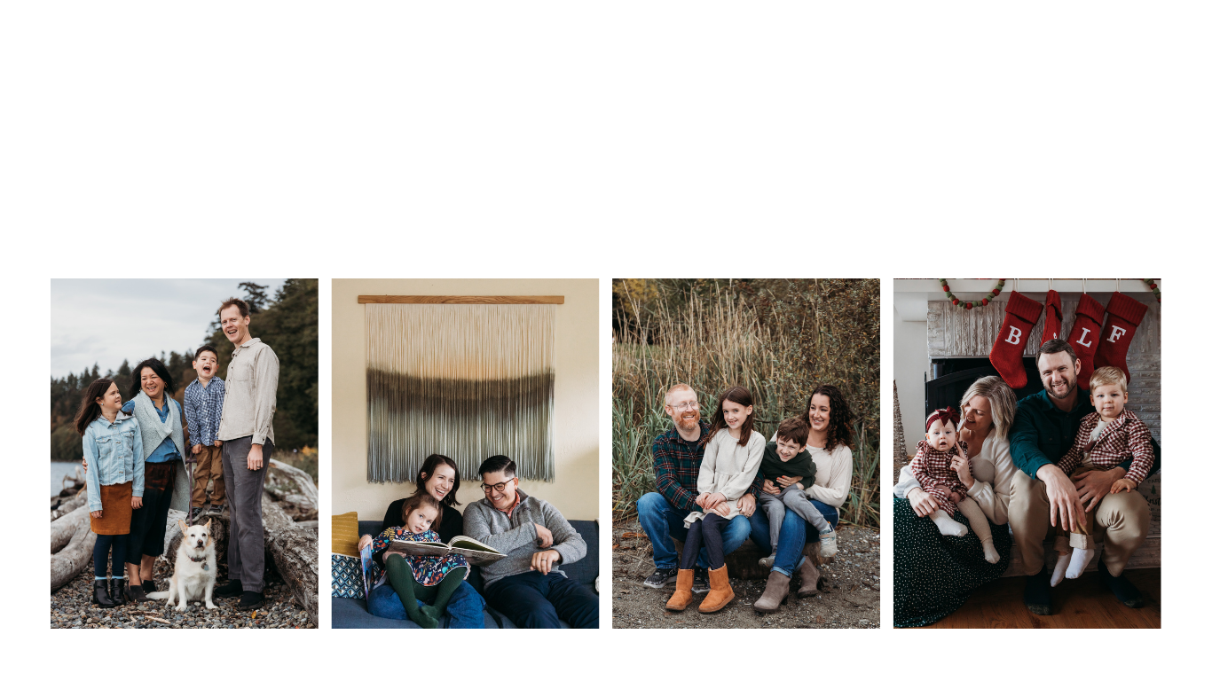 Four outdoor family photography scenes displayed in a grid showing fall mini sessions by Sound Roots Photography.