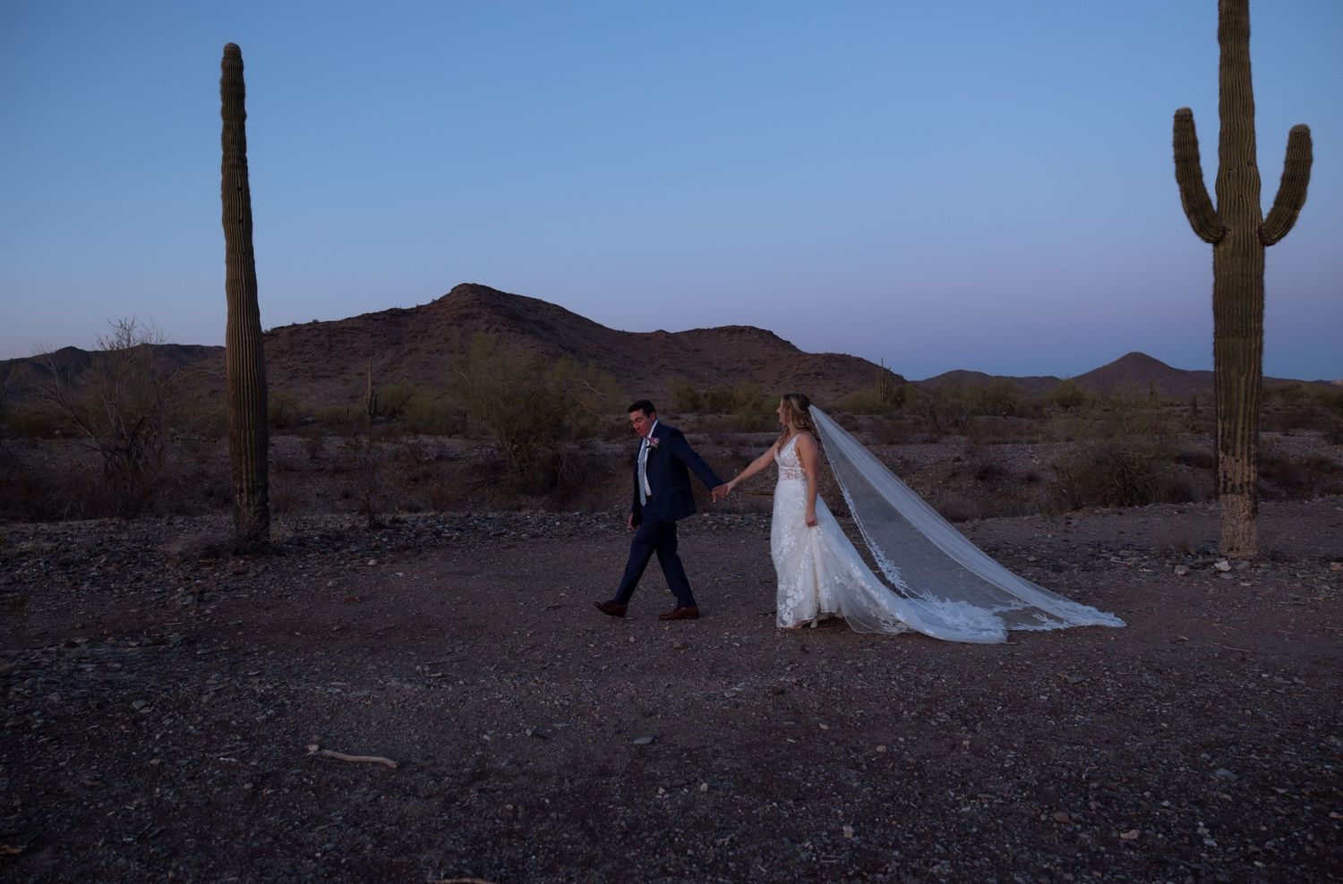 A romantic desert wedding photo at twilight with tall saguaro cacti silhouetted against the dusky sky.