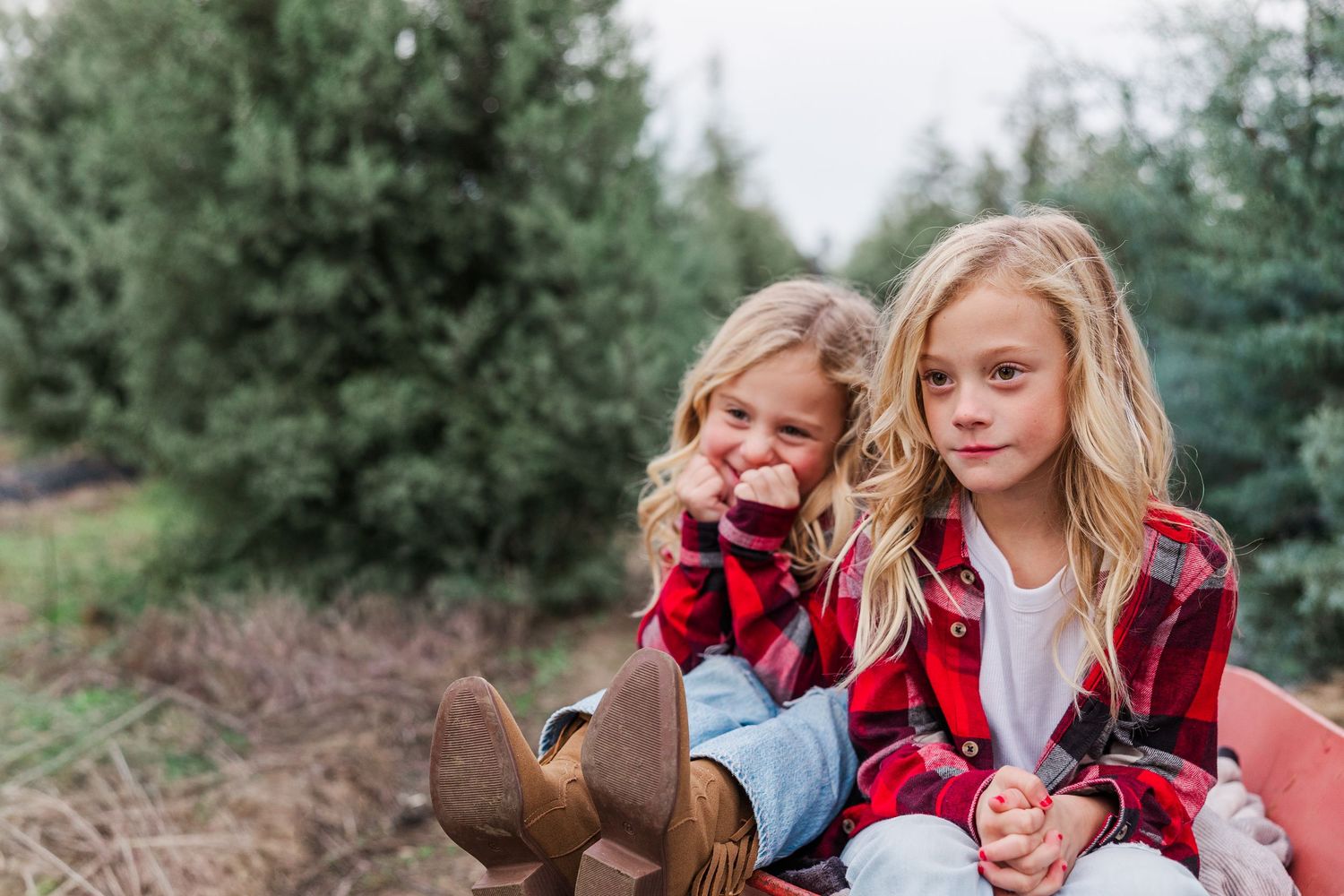 Two children wearing red plaid shirts sit together outdoors against an evergreen forest backdrop.
