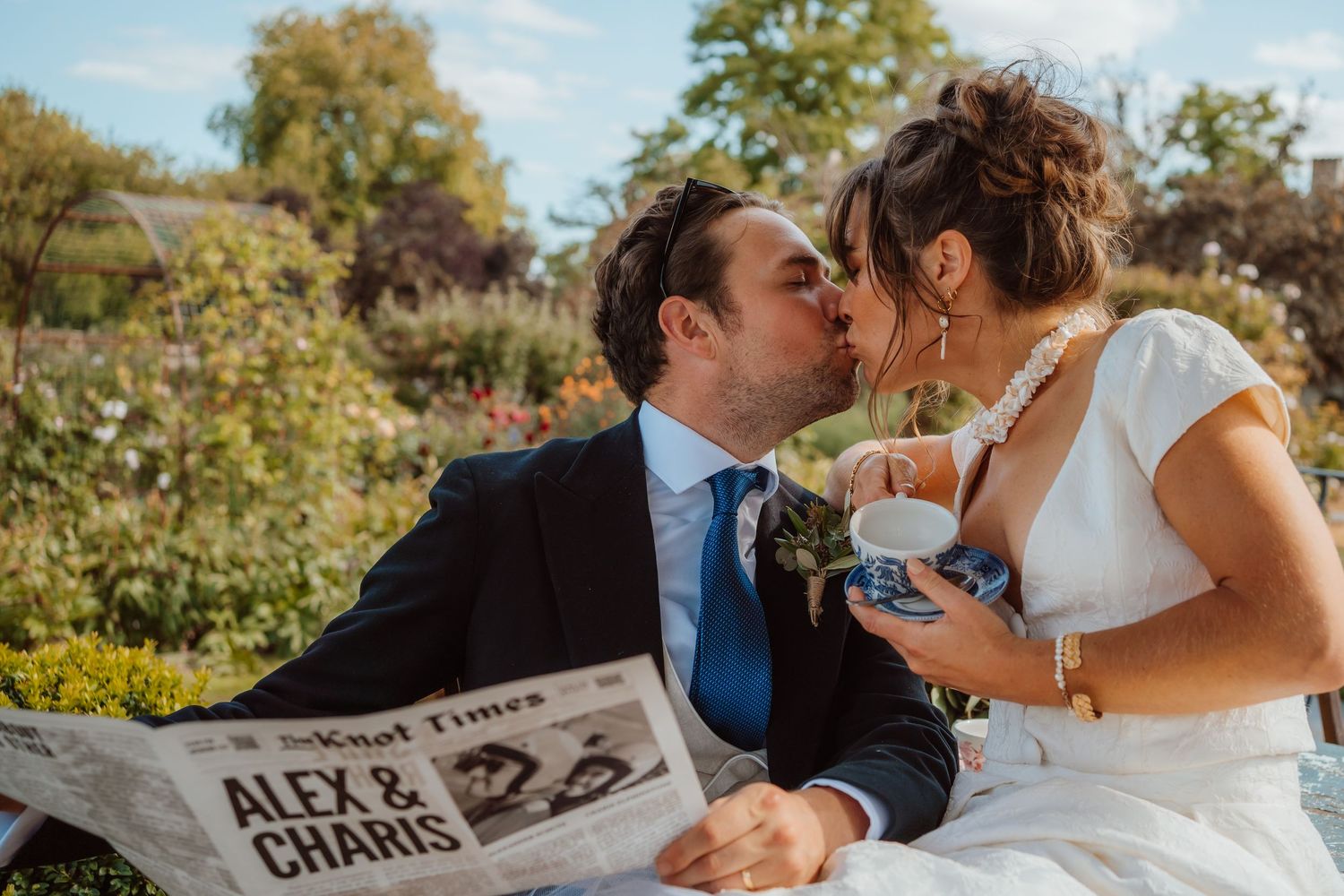 A romantic wedding photo collage showing intimate moments between a couple in an outdoor garden setting.