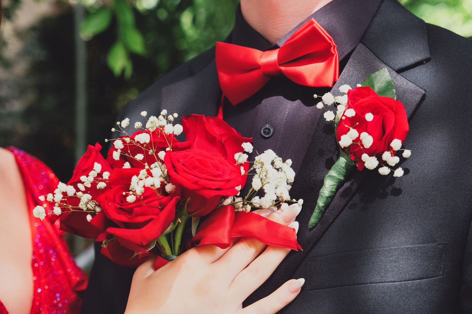 A series of wedding photos showing red bow ties and bouquets with baby's breath flowers against black formal attire.