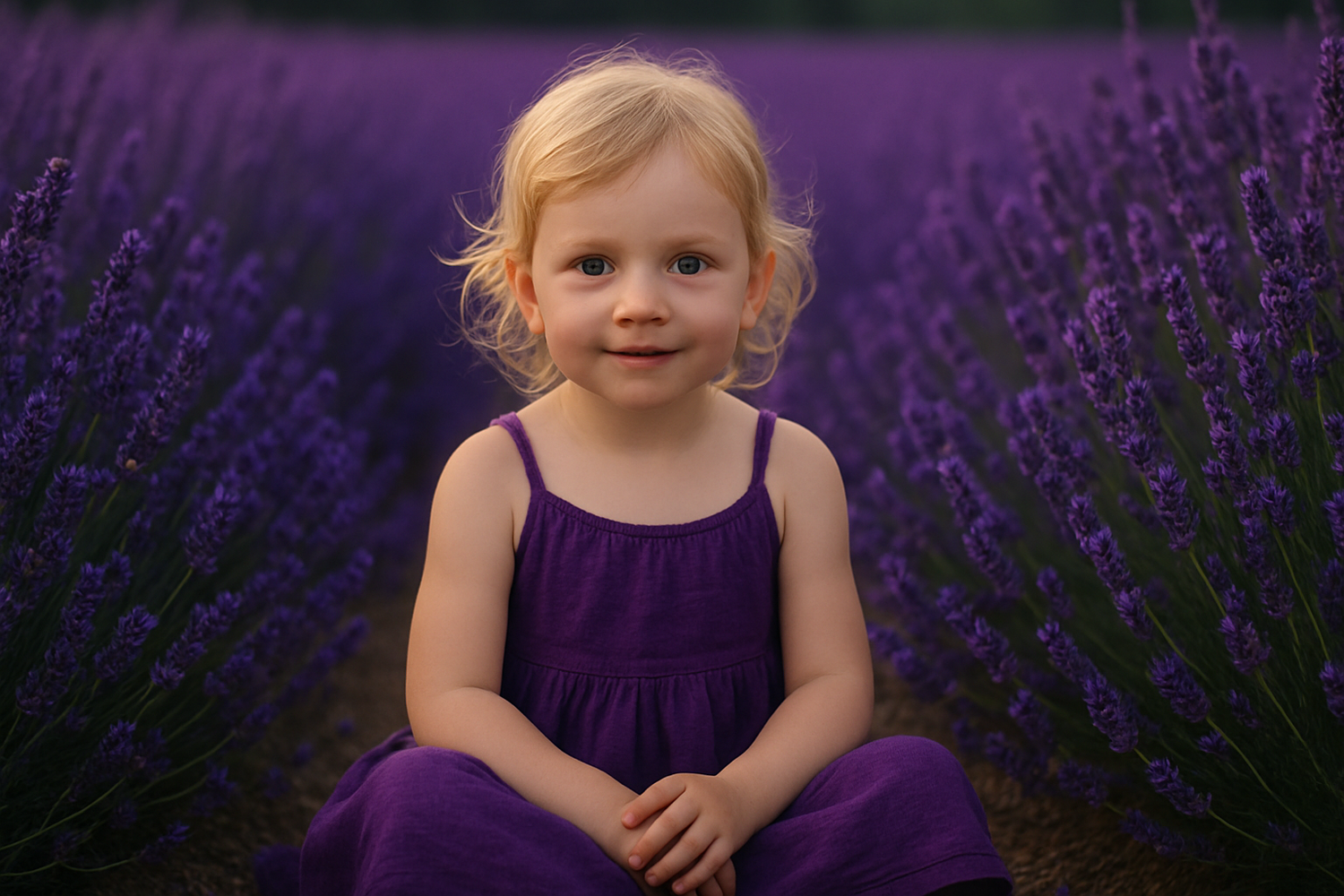 A young child in a purple dress sits among blooming lavender flowers.