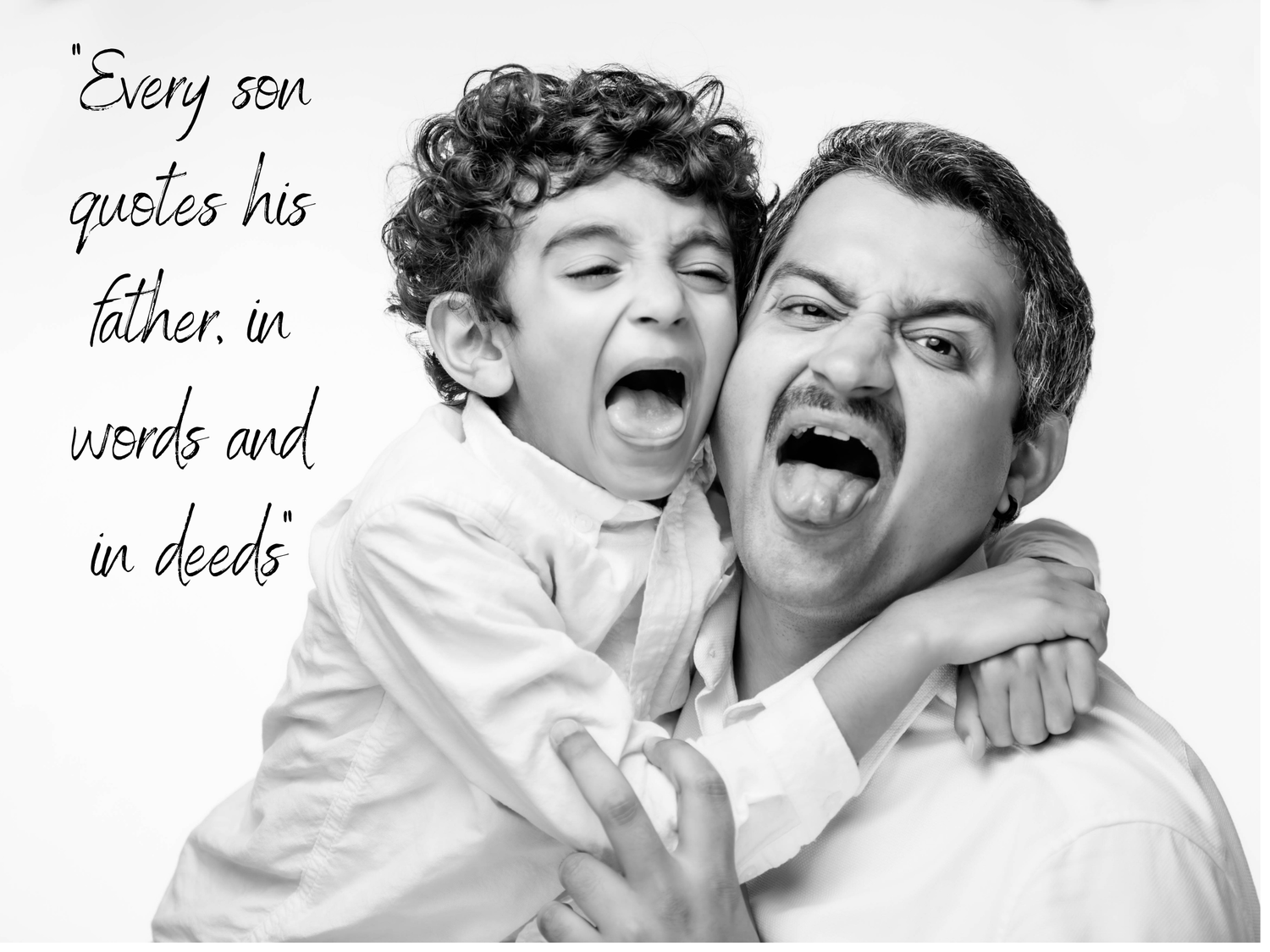 A black-and-white portrait of a father and young son making playful expressions, with the child hugging his father symbolizing a joyful bond