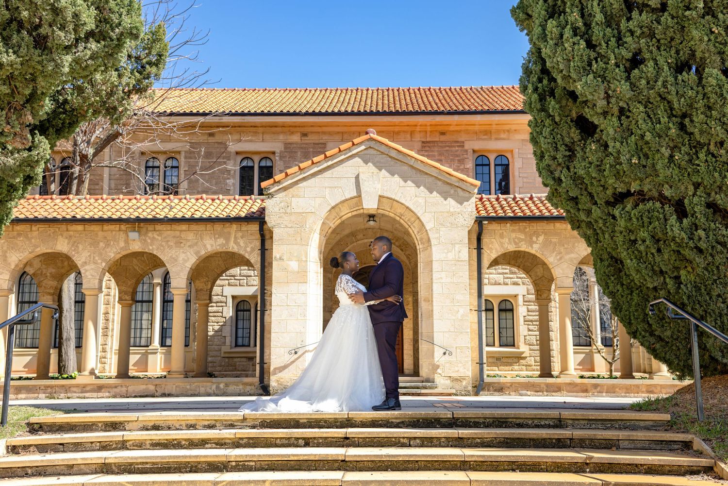 A collage of romantic wedding photography moments showing couples in black and white and color outdoor settings.