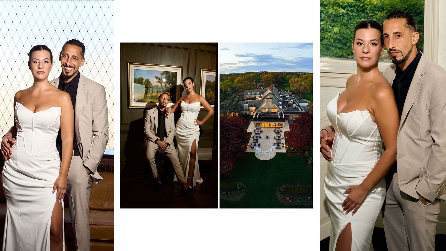 Elegant couple in wedding attire posing at a luxurious estate venue with stunning autumn landscape views.