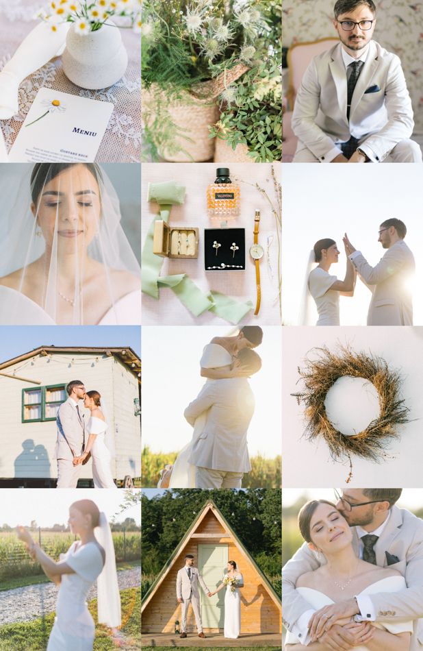 Collage of romantic wedding photography moments in soft, natural light.