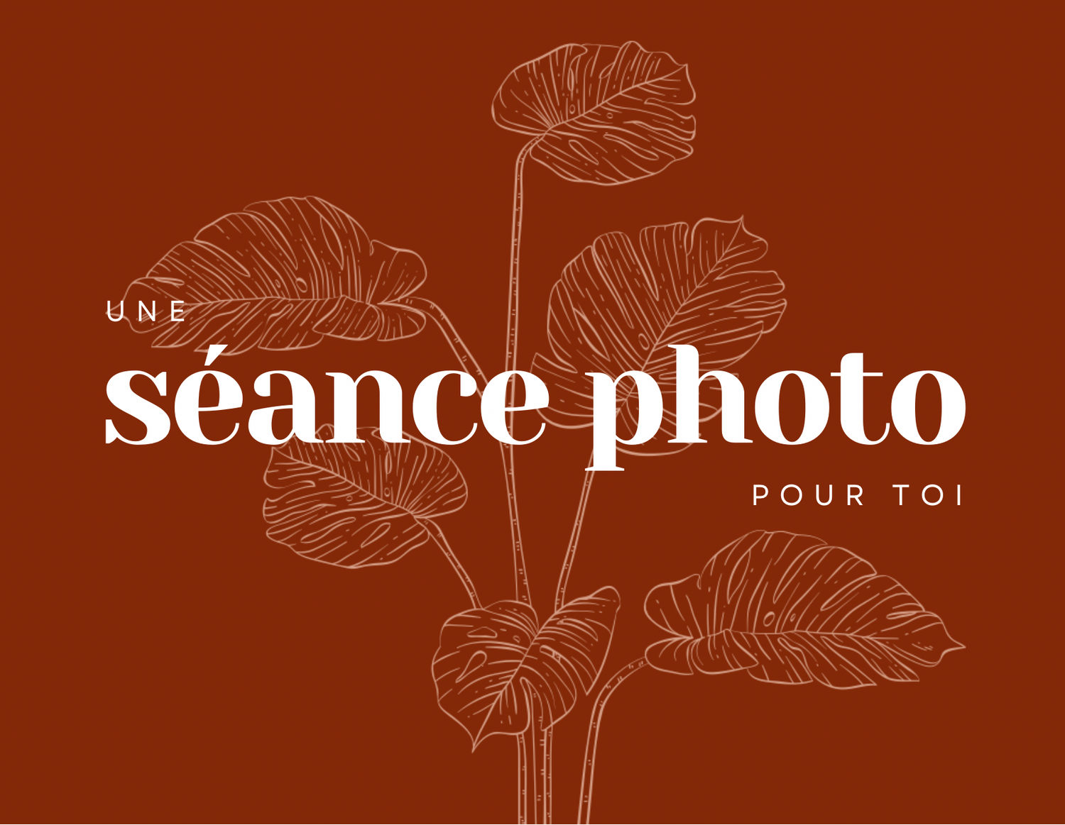 Red minimalist design with white monstera leaf illustrations and French text.