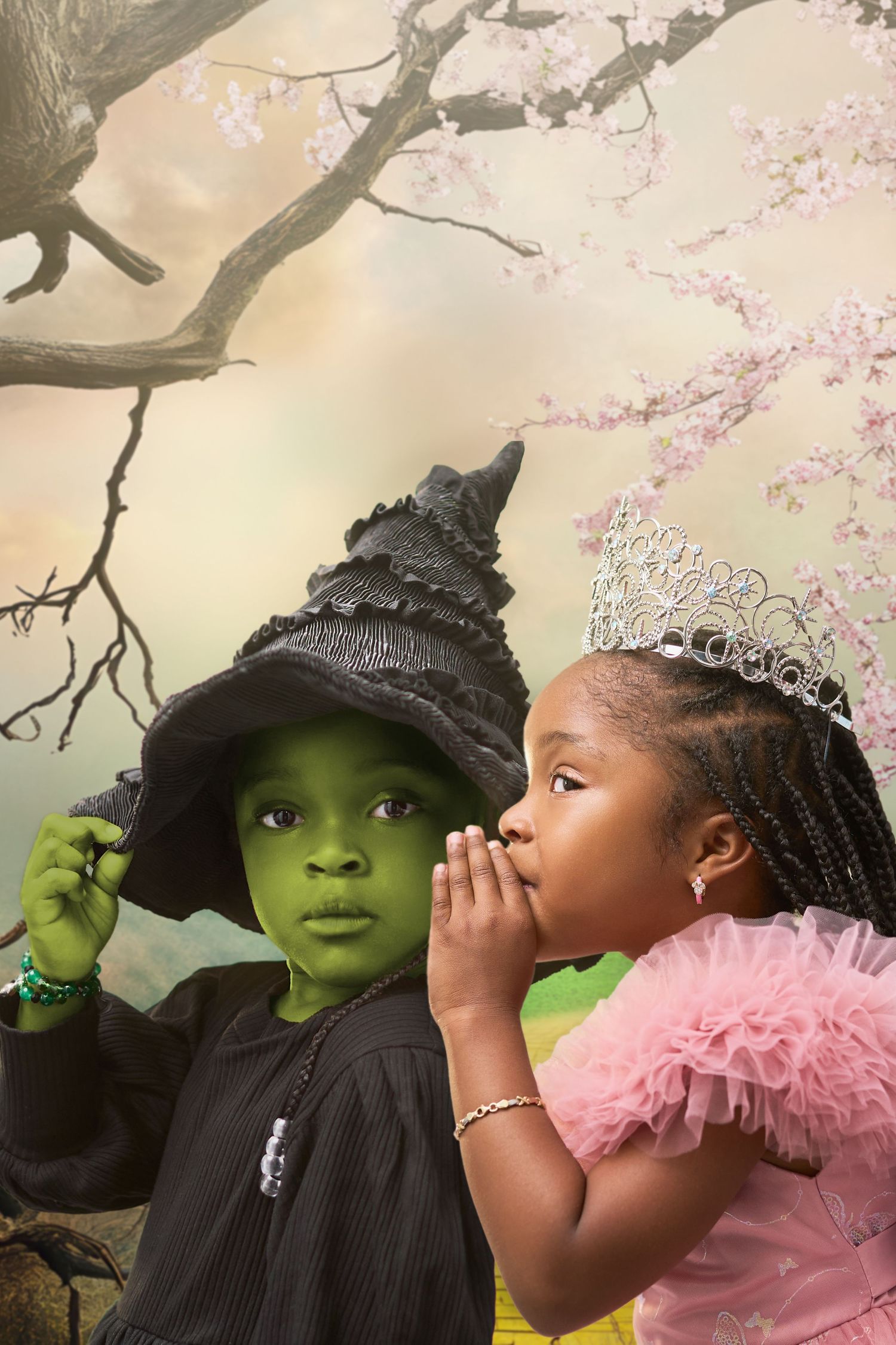 A princess in pink tulle whispering to a character dressed as a witch under cherry blossom trees.