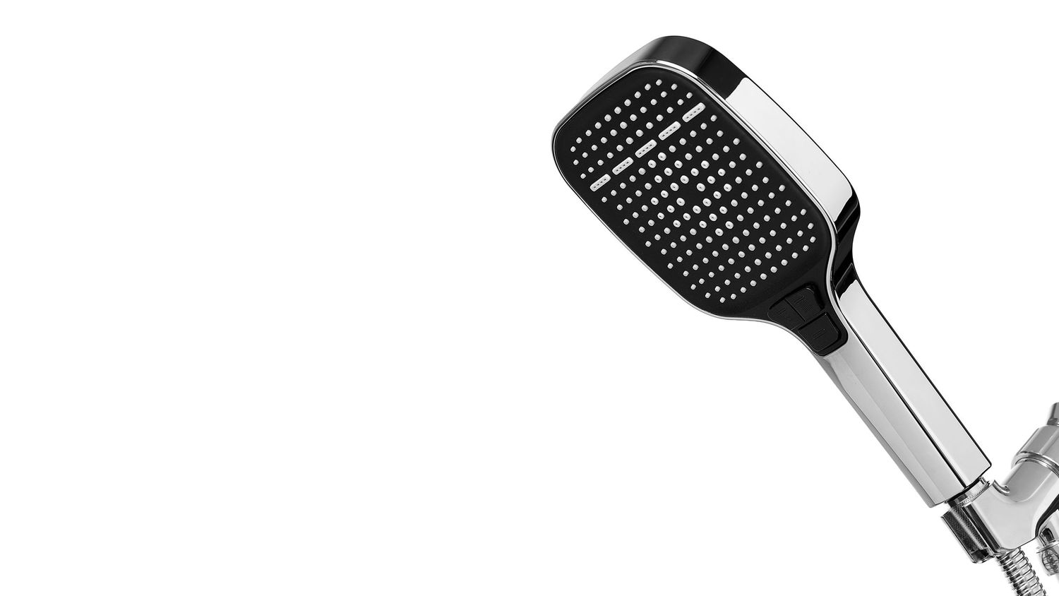 Studio photo of a chrome showerhead on a white background, accurately lit to show reflective chrome finish. Amazon product photographer.