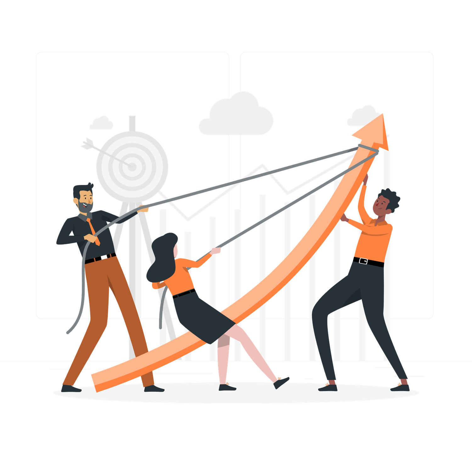 Team of three professionals collaborating to push a rising arrow graph toward a target, symbolizing business growth.