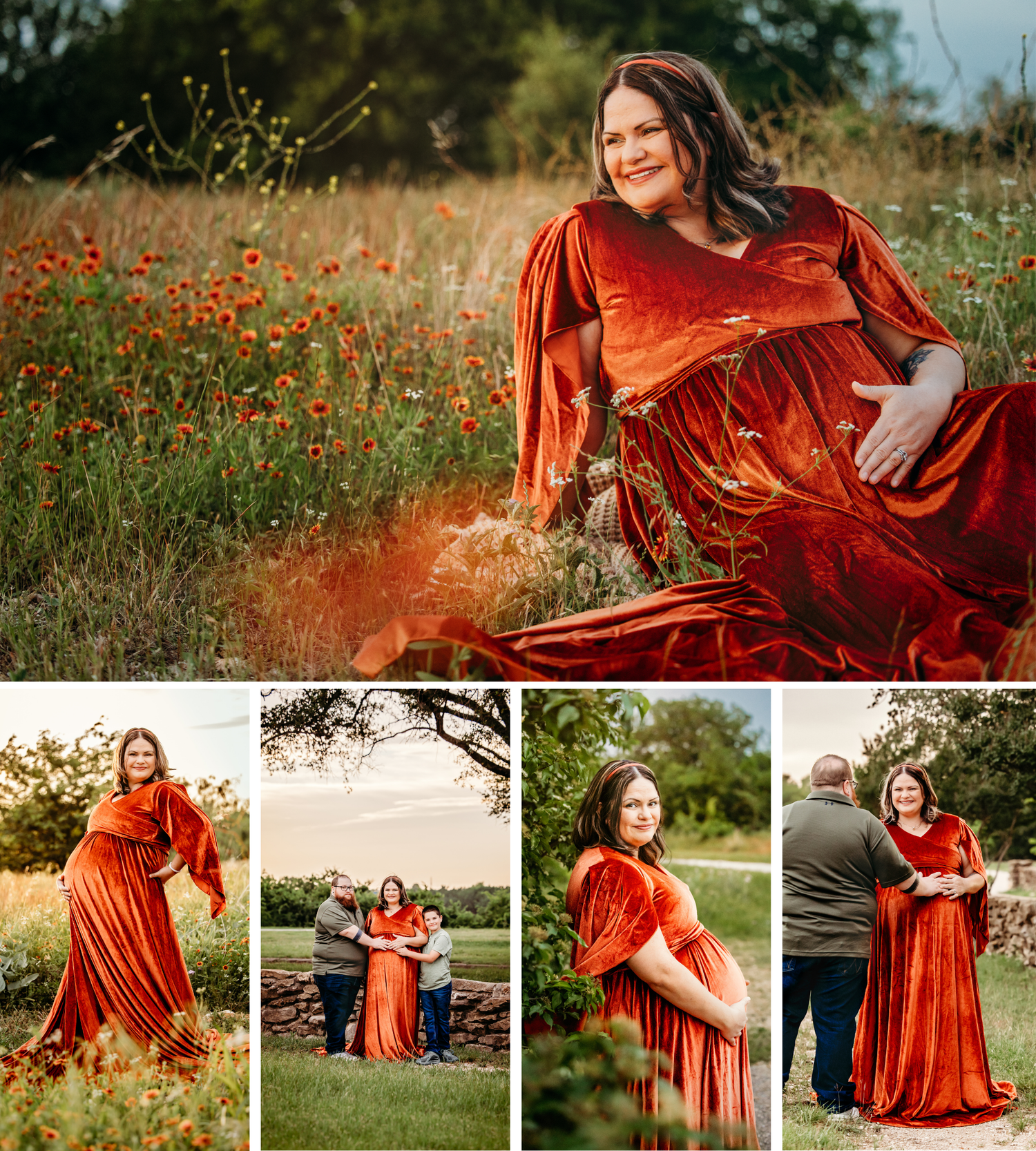 Pregnant woman in flowing rust velvet gown poses in wildflower field during golden hour maternity photo session.