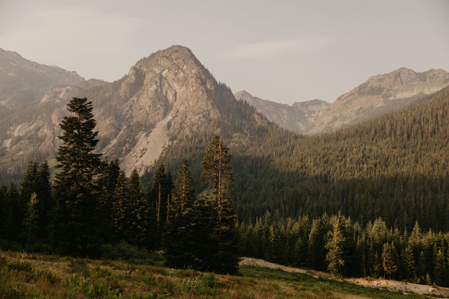 Majestic mountain peak surrounded by dense evergreen forest in a scenic PNW alpine valley landscape.