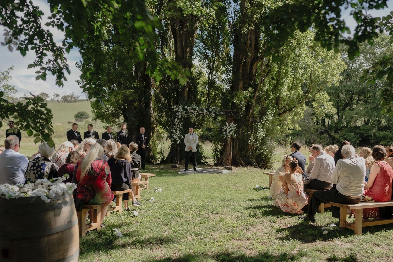 Outdoor wedding ceremony on lush green lawn with guests seated on wooden benches under large shade trees.