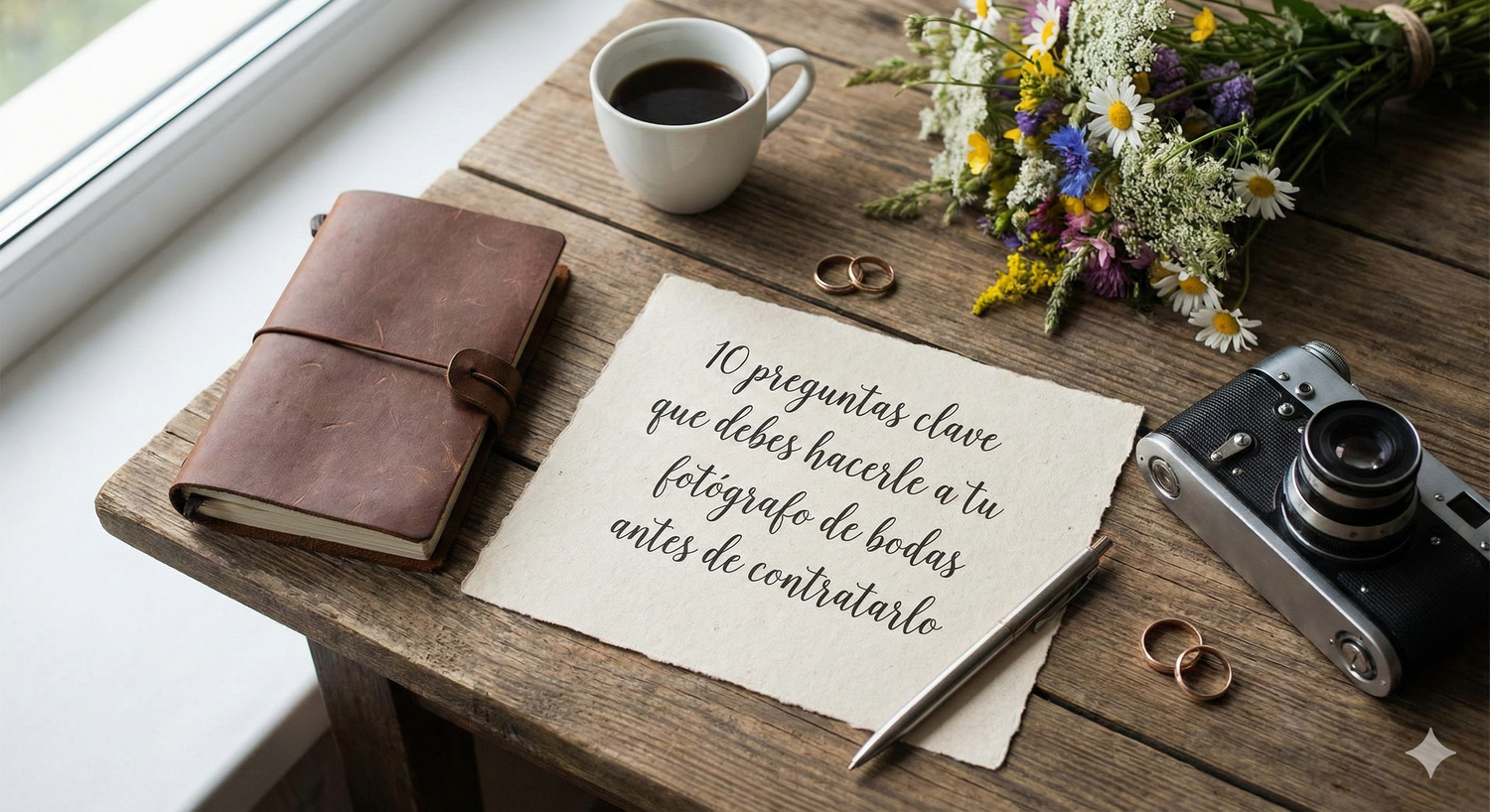 Mesa rústica de madera con café, caligrafía escrita a mano y flores silvestres, dispuestas con luz natural.