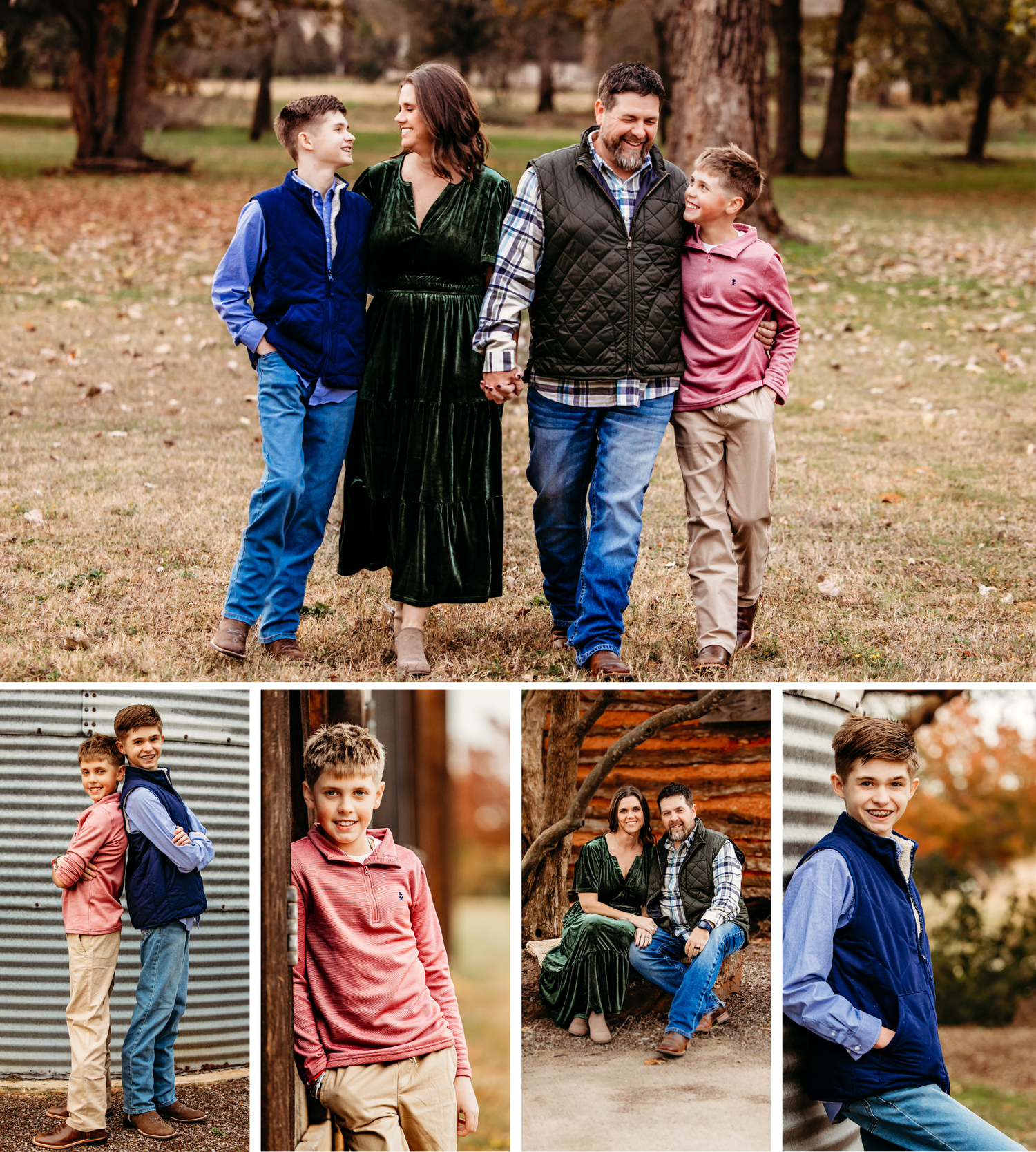 A collage of outdoor family photos showing people walking, playing and interacting in a natural autumn setting.