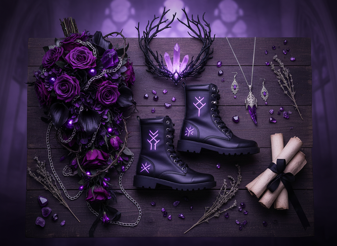 A dark and moody wedding bouquet with deep purple flowers and black ribbons against a black background.