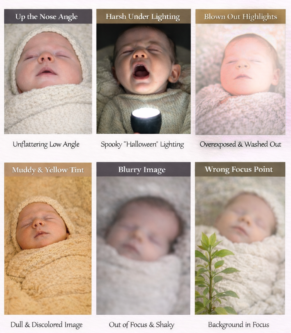 A sequence of four black and white photos showing a baby's expressions progressing from sad to happy.