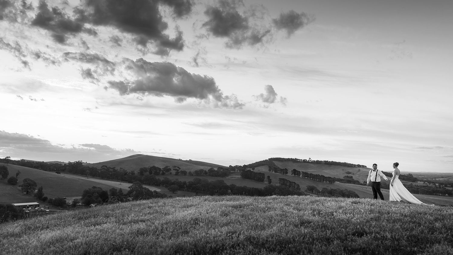 A couple stands silhouetted on a rolling hillside beneath dramatic clouds in black and white photography.