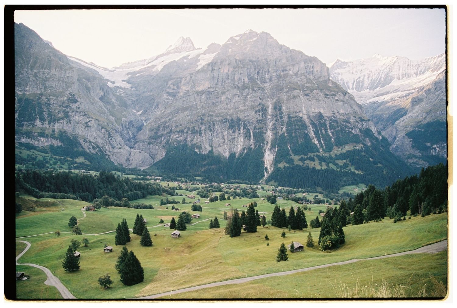Alpine valley in Switzerland with rolling green hills, pine trees, and dramatic mountain peaks