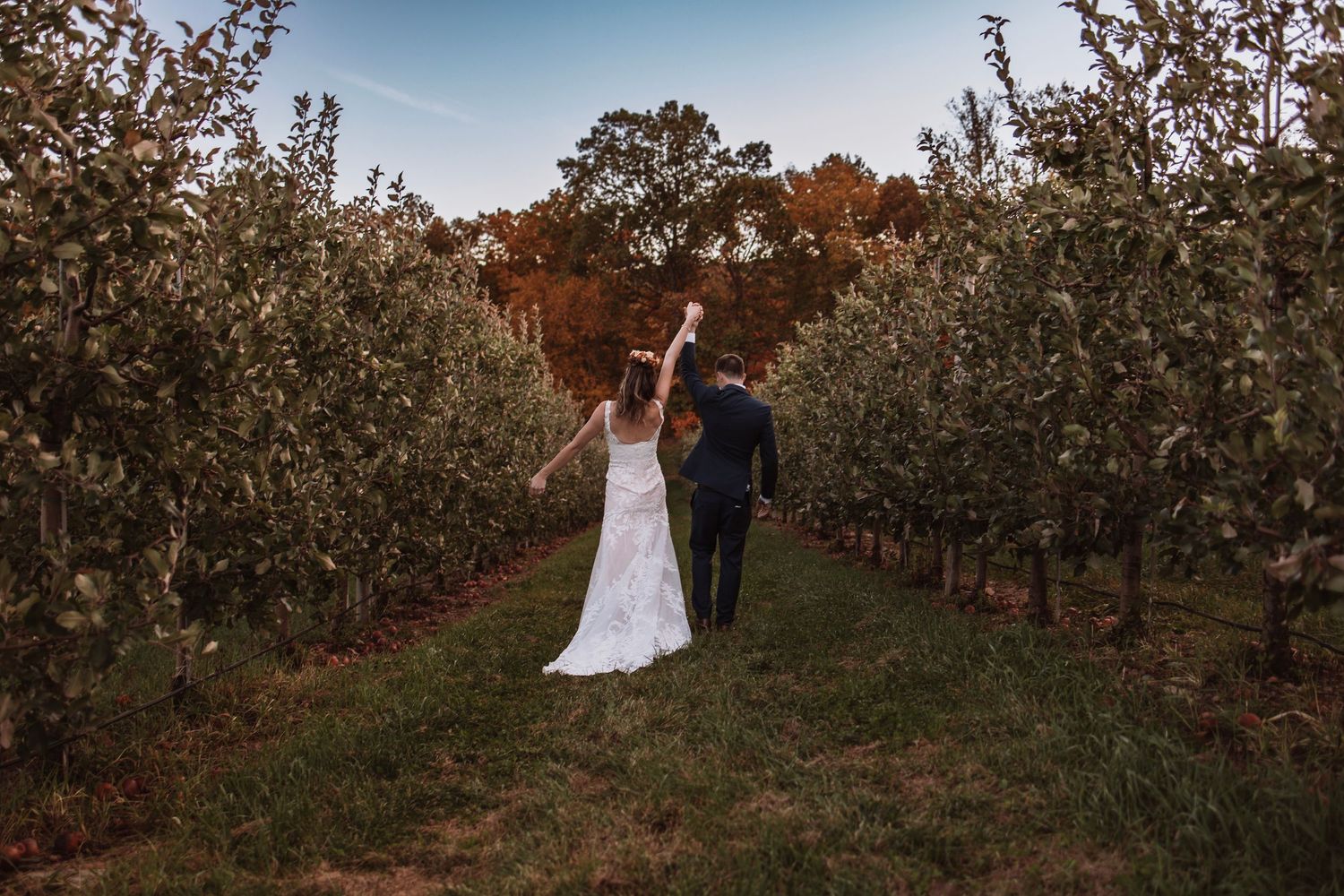Bride and groom walking hand in hand in an apple orchard at their venue, sharing a moment together, during their wedding day.