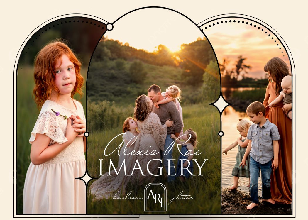 Beautiful family photography session in grassy field during golden hour sunset with rustic arch framing.
