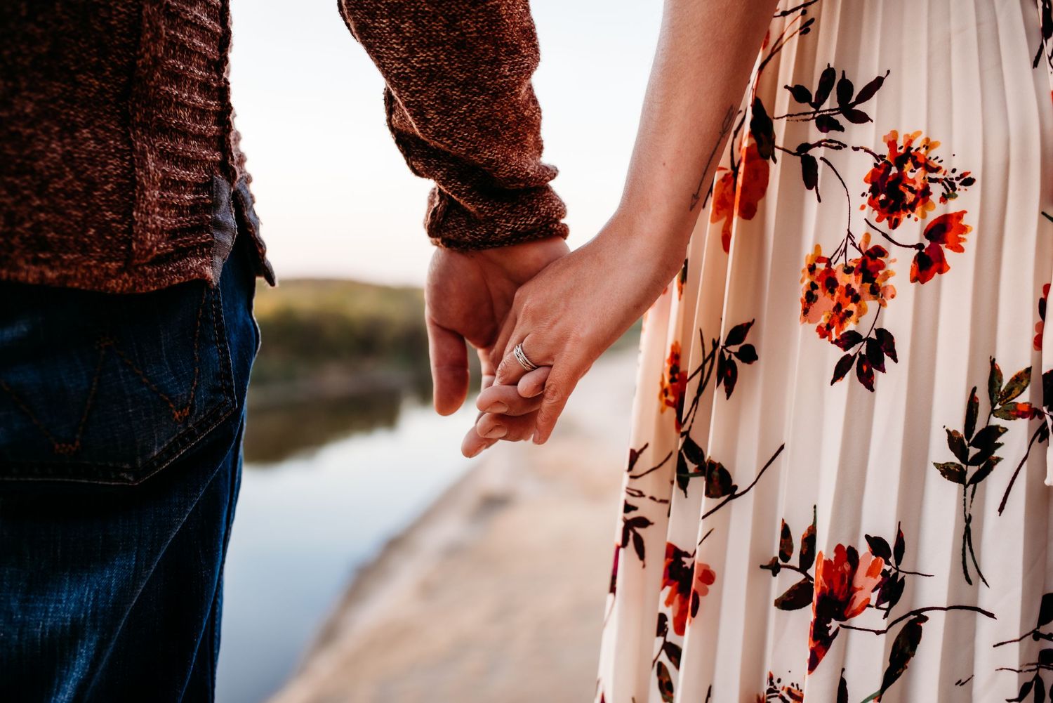 Couple holding hands looking out at the Des Moines river from the bluffs of Ledges State Park in Boone Iowa