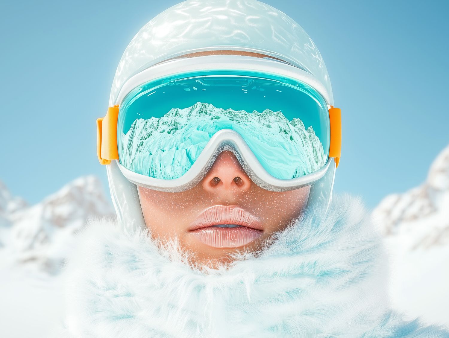 Winter sports photo featuring reflective goggles showing snowy mountain scenery.